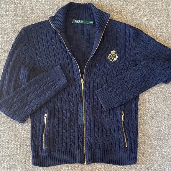 RALPH LAUREN Vintage Navy Cable Knit Zipper Sweater with Gold EUC Size M - Picture 1 of 5